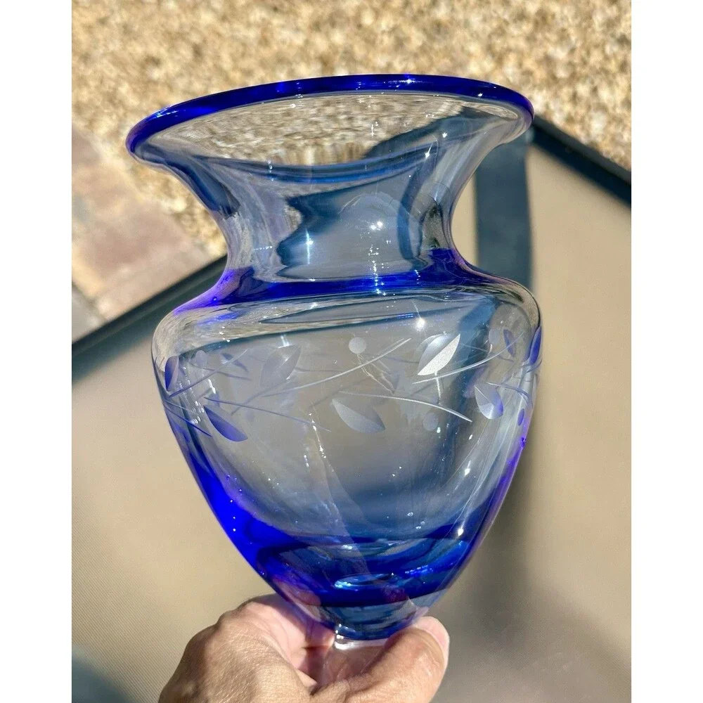 BELLA POTTERY BARN ETCHED Footed Blown Glass Vase w/ Ball Stem Blue 8